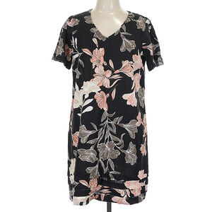 Nicole Miller Original Dress Womens XL Black Pink Floral Linen Blend Tunic Dress